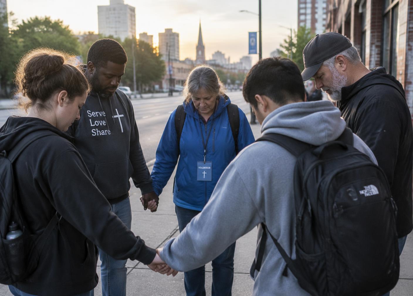Volunteers praying together on a city sidewalk